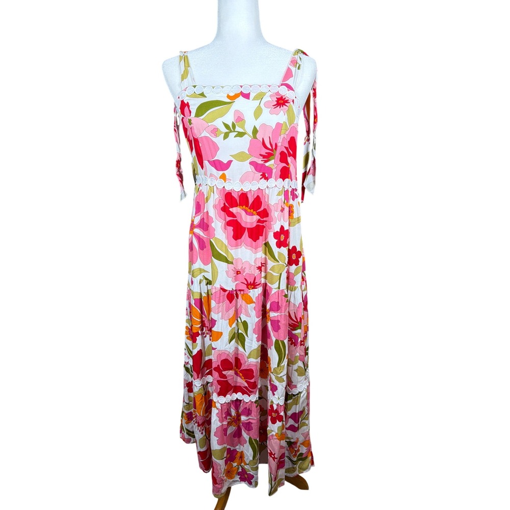 Indigo Rose Pink Floral Tiered Maxi Dress Sm Boho Smocked Crochet Trim Tie Strap